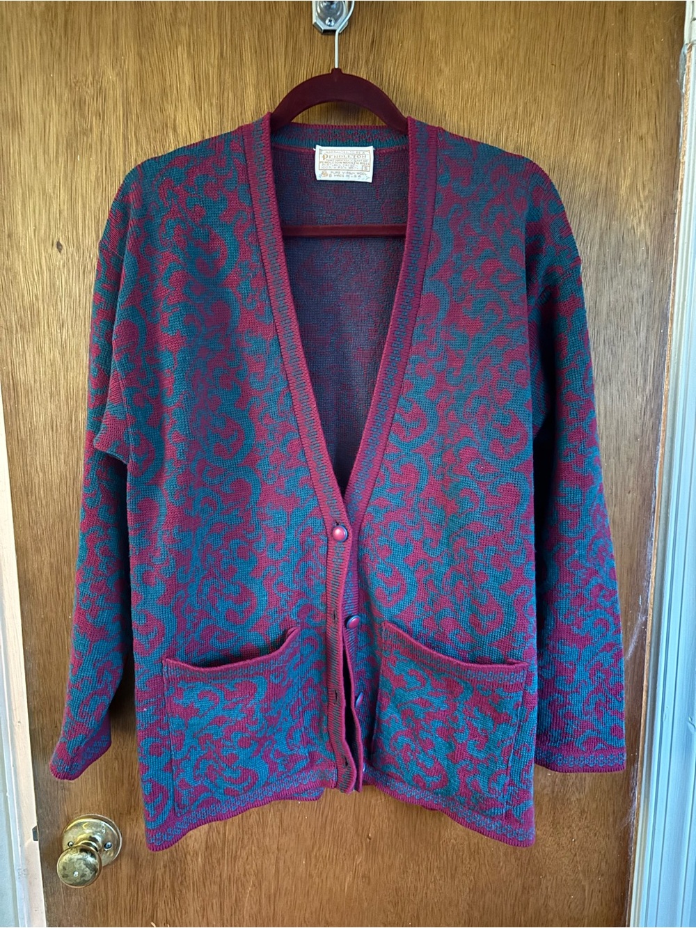 Pendleton Teal and Burgundy Patterned Cardigan